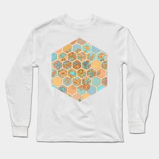 Golden Honeycomb Tangle - hexagon doodle in peach, blue, mint & cream Long Sleeve T-Shirt